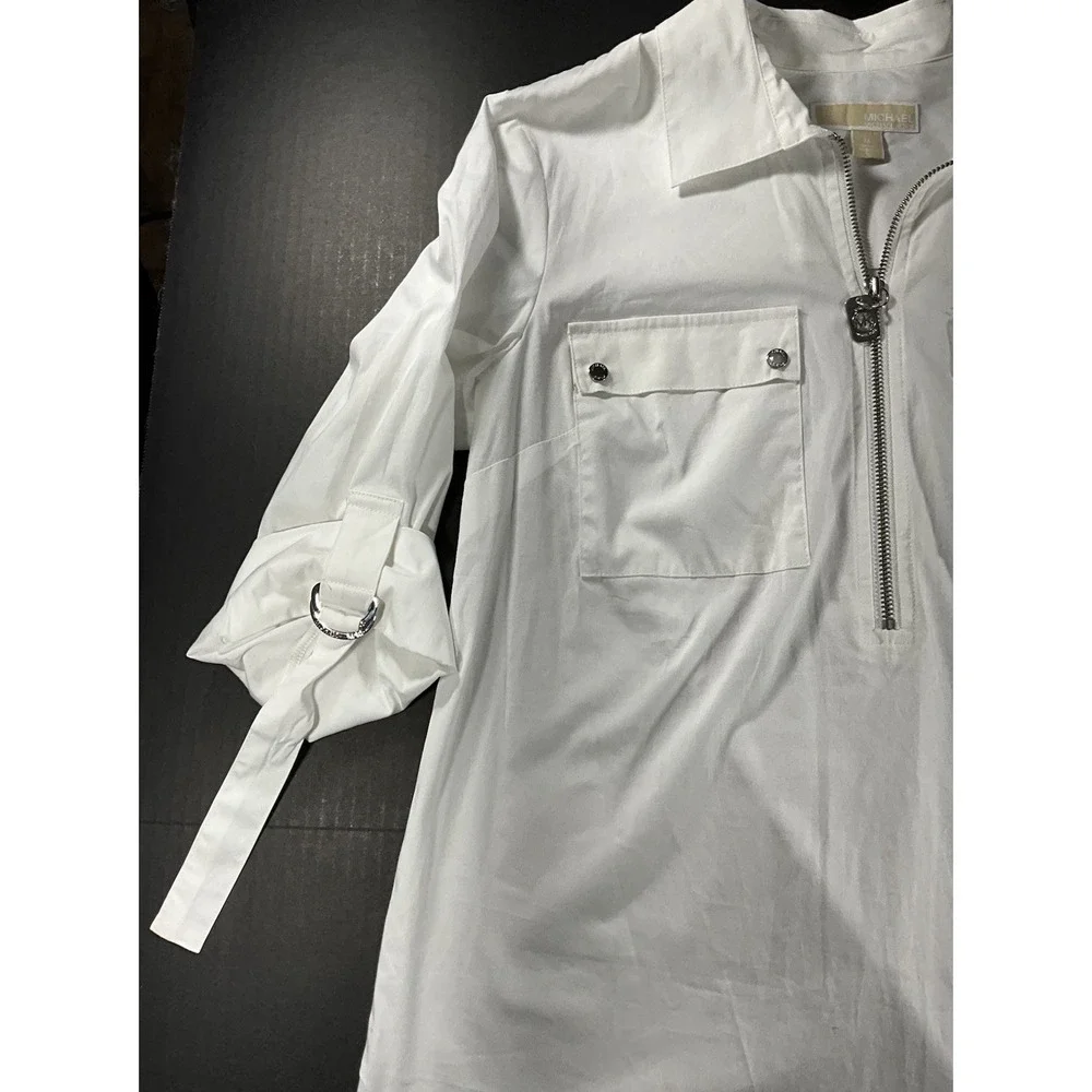 Michael Kors White 1/2 Zip Flip Cuff Sleeve Pockets Top/Blouse Women's Medium